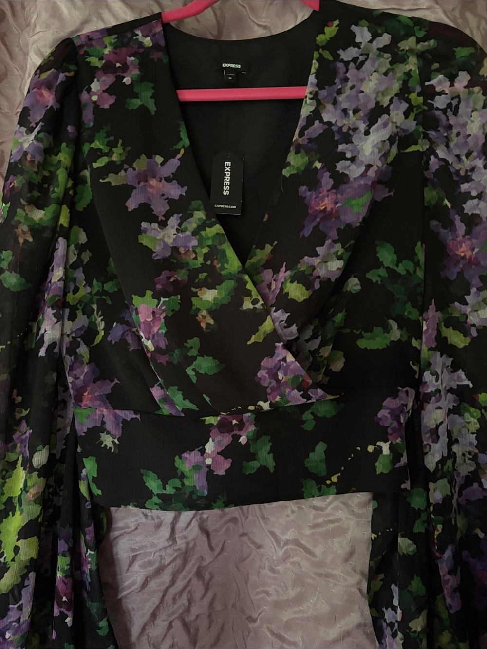 Express Black Floral Wrap Blouse with Purple & Green Print